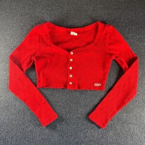 Vintage Bongo Gene Montesano Red Ribbed Crop Top Button Front Long Sleeve Large